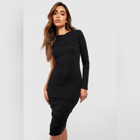 Boohoo Black Long Sleeve Bodycon Midi Dress Sz 4/ Small | Chic Minimalist Look - Picture 1 of 11
